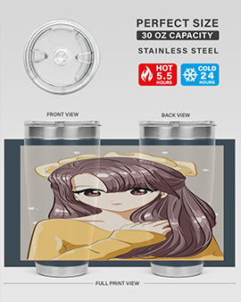 Cute anime tumbler featuring a girl with long brown hair and a ribbon, designed for hot and cold beverages.