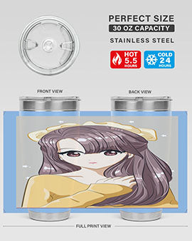 Cute anime tumbler featuring a girl with long brown hair and a ribbon, designed for hot and cold beverages.