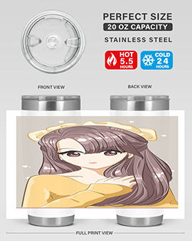 Cute anime tumbler featuring a girl with long brown hair and a ribbon, designed for hot and cold beverages.