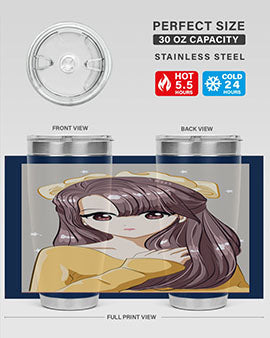 Cute anime tumbler featuring a girl with long brown hair and a ribbon, designed for hot and cold beverages.