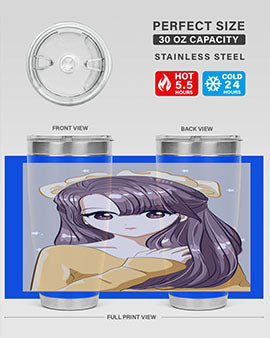 Cute anime tumbler featuring a girl with long brown hair and a ribbon, designed for hot and cold beverages.