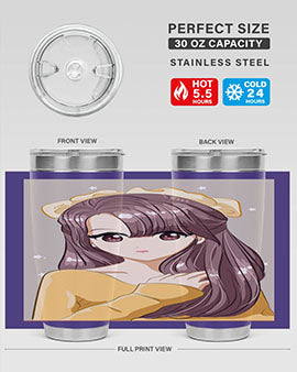 Cute anime tumbler featuring a girl with long brown hair and a ribbon, designed for hot and cold beverages.