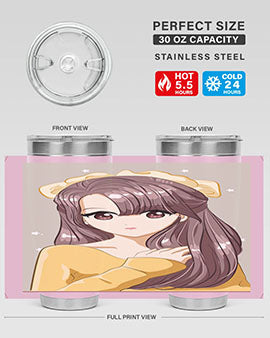 Cute anime tumbler featuring a girl with long brown hair and a ribbon, designed for hot and cold beverages.