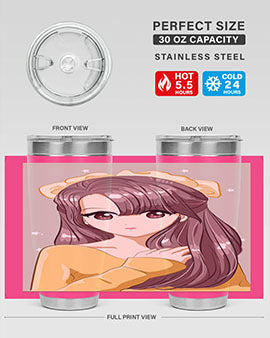 Cute anime tumbler featuring a girl with long brown hair and a ribbon, designed for hot and cold beverages.