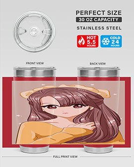 Cute anime tumbler featuring a girl with long brown hair and a ribbon, designed for hot and cold beverages.