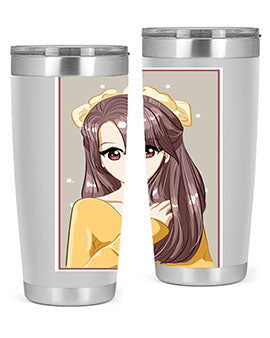 Cute anime tumbler featuring a girl with long brown hair and a ribbon, designed for hot and cold beverages.