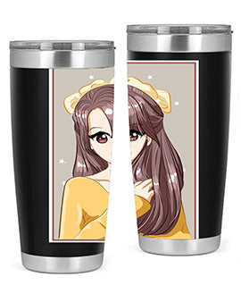 Cute anime tumbler featuring a girl with long brown hair and a ribbon, designed for hot and cold beverages.