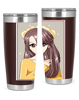 Cute anime tumbler featuring a girl with long brown hair and a ribbon, designed for hot and cold beverages.