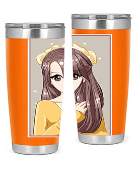 Cute anime tumbler featuring a girl with long brown hair and a ribbon, designed for hot and cold beverages.