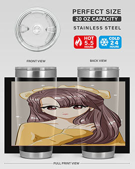Cute anime tumbler featuring a girl with long brown hair and a ribbon, designed for hot and cold beverages.