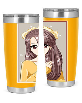 Cute anime tumbler featuring a girl with long brown hair and a ribbon, designed for hot and cold beverages.
