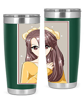 Cute anime tumbler featuring a girl with long brown hair and a ribbon, designed for hot and cold beverages.