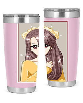 Cute anime tumbler featuring a girl with long brown hair and a ribbon, designed for hot and cold beverages.