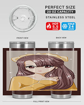 Cute anime tumbler featuring a girl with long brown hair and a ribbon, designed for hot and cold beverages.