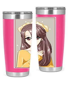 Cute anime tumbler featuring a girl with long brown hair and a ribbon, designed for hot and cold beverages.