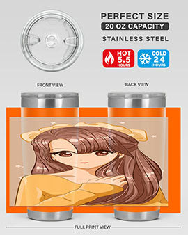 Cute anime tumbler featuring a girl with long brown hair and a ribbon, designed for hot and cold beverages.