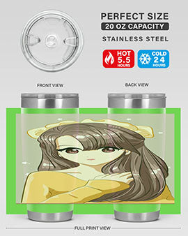Cute anime tumbler featuring a girl with long brown hair and a ribbon, designed for hot and cold beverages.