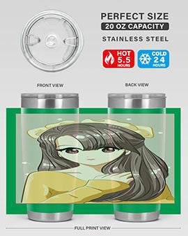 Cute anime tumbler featuring a girl with long brown hair and a ribbon, designed for hot and cold beverages.