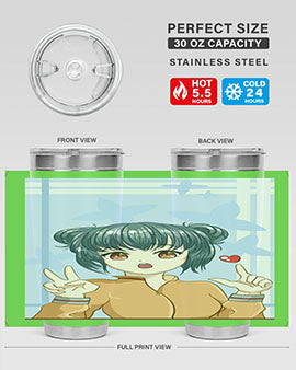 Cute anime tumbler featuring a girl with dark blue hair, designed for hot and cold beverages.