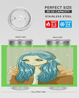 Cute anime girl with long blue hair on a stylish tumbler, perfect for winter drinks.