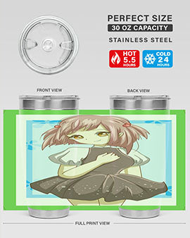 Cute anime girl with pink hair in a dark pink dress, featured on a stylish tumbler.