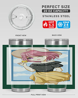 Cute anime girl with pink hair wearing a hat, featured on a stylish tumbler, perfect for summer drinks.
