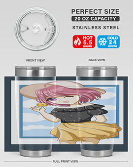 Cute anime girl with pink hair wearing a hat, featured on a stylish tumbler, perfect for summer drinks.