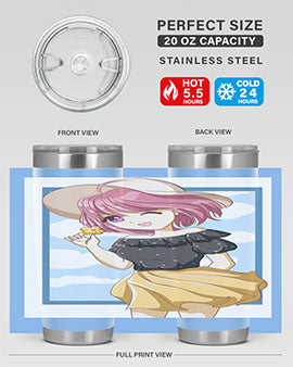 Cute anime girl with pink hair wearing a hat, featured on a stylish tumbler, perfect for summer drinks.