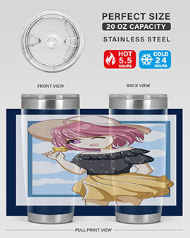 Cute anime girl with pink hair wearing a hat, featured on a stylish tumbler, perfect for summer drinks.