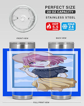 Cute anime girl with pink hair wearing a hat, featured on a stylish tumbler, perfect for summer drinks.