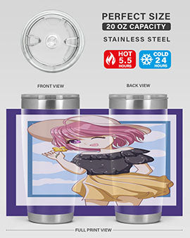 Cute anime girl with pink hair wearing a hat, featured on a stylish tumbler, perfect for summer drinks.