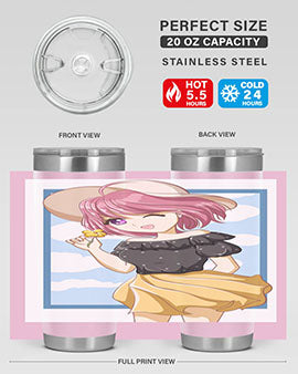 Cute anime girl with pink hair wearing a hat, featured on a stylish tumbler, perfect for summer drinks.