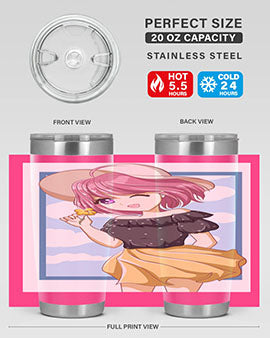 Cute anime girl with pink hair wearing a hat, featured on a stylish tumbler, perfect for summer drinks.