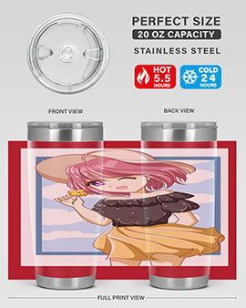 Cute anime girl with pink hair wearing a hat, featured on a stylish tumbler, perfect for summer drinks.