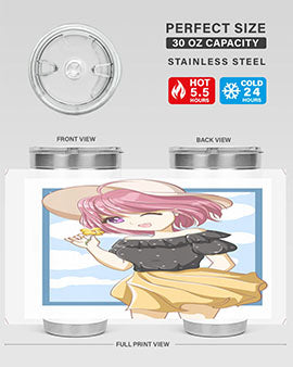 Cute anime girl with pink hair wearing a hat, featured on a stylish tumbler, perfect for summer drinks.