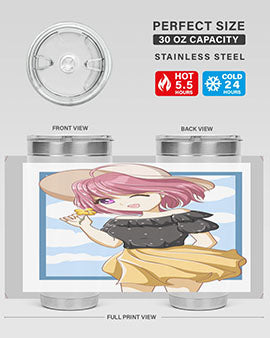 Cute anime girl with pink hair wearing a hat, featured on a stylish tumbler, perfect for summer drinks.