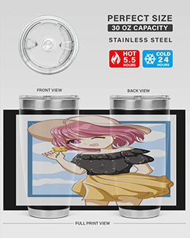 Cute anime girl with pink hair wearing a hat, featured on a stylish tumbler, perfect for summer drinks.