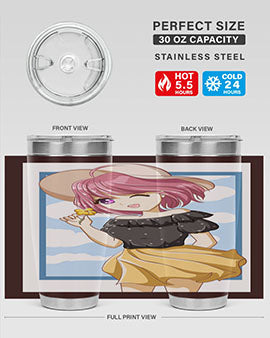 Cute anime girl with pink hair wearing a hat, featured on a stylish tumbler, perfect for summer drinks.