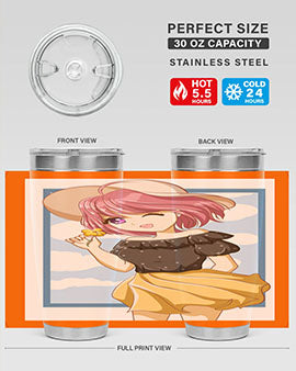 Cute anime girl with pink hair wearing a hat, featured on a stylish tumbler, perfect for summer drinks.