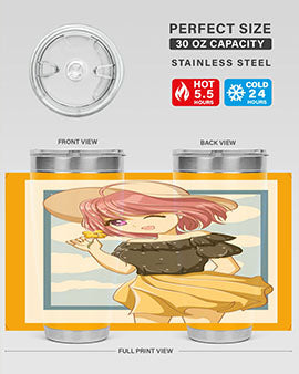 Cute anime girl with pink hair wearing a hat, featured on a stylish tumbler, perfect for summer drinks.