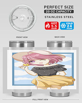 Cute anime girl with pink hair wearing a hat, featured on a stylish tumbler, perfect for summer drinks.