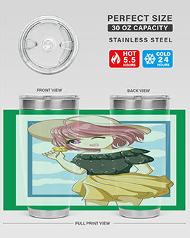 Cute anime girl with pink hair wearing a hat, featured on a stylish tumbler, perfect for summer drinks.