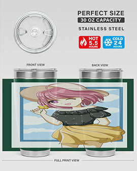 Cute anime girl with pink hair wearing a hat, featured on a stylish tumbler, perfect for summer drinks.