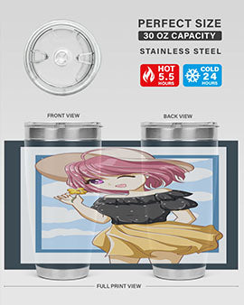 Cute anime girl with pink hair wearing a hat, featured on a stylish tumbler, perfect for summer drinks.