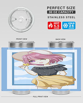 Cute anime girl with pink hair wearing a hat, featured on a stylish tumbler, perfect for summer drinks.