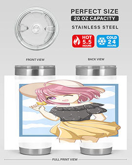 Cute anime girl with pink hair wearing a hat, featured on a stylish tumbler, perfect for summer drinks.