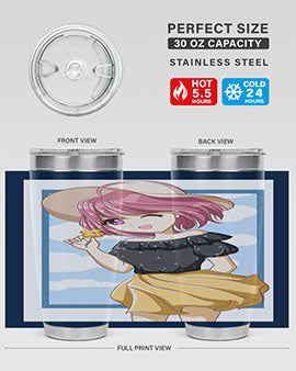 Cute anime girl with pink hair wearing a hat, featured on a stylish tumbler, perfect for summer drinks.