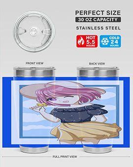 Cute anime girl with pink hair wearing a hat, featured on a stylish tumbler, perfect for summer drinks.