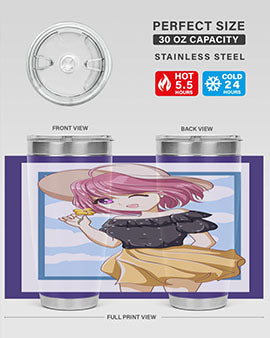 Cute anime girl with pink hair wearing a hat, featured on a stylish tumbler, perfect for summer drinks.