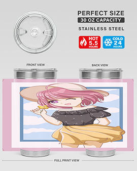 Cute anime girl with pink hair wearing a hat, featured on a stylish tumbler, perfect for summer drinks.
